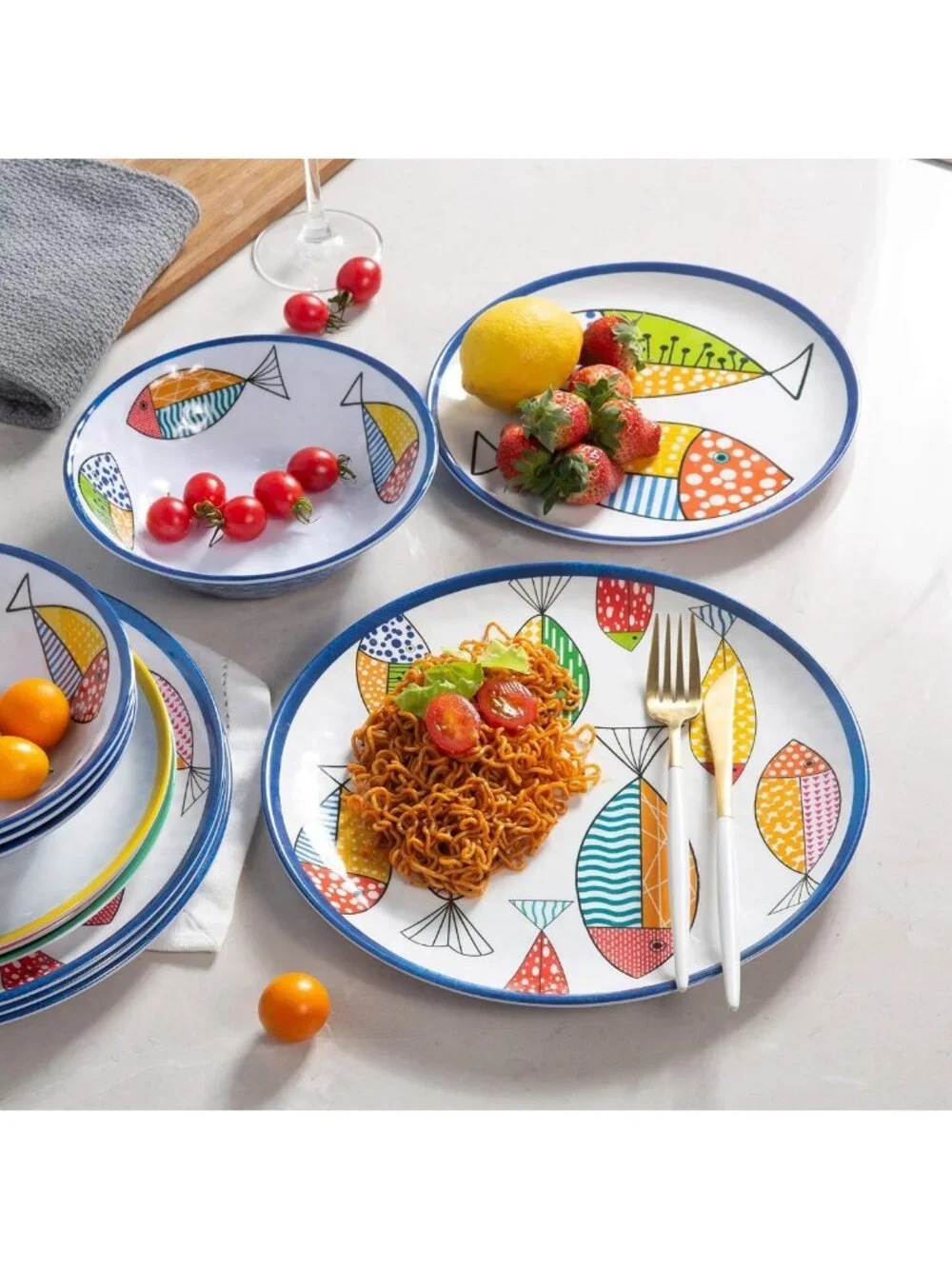 Stylish 12PCS Melamine Dinnerware Set for 4 - Fish Plates & Bowls, Durable